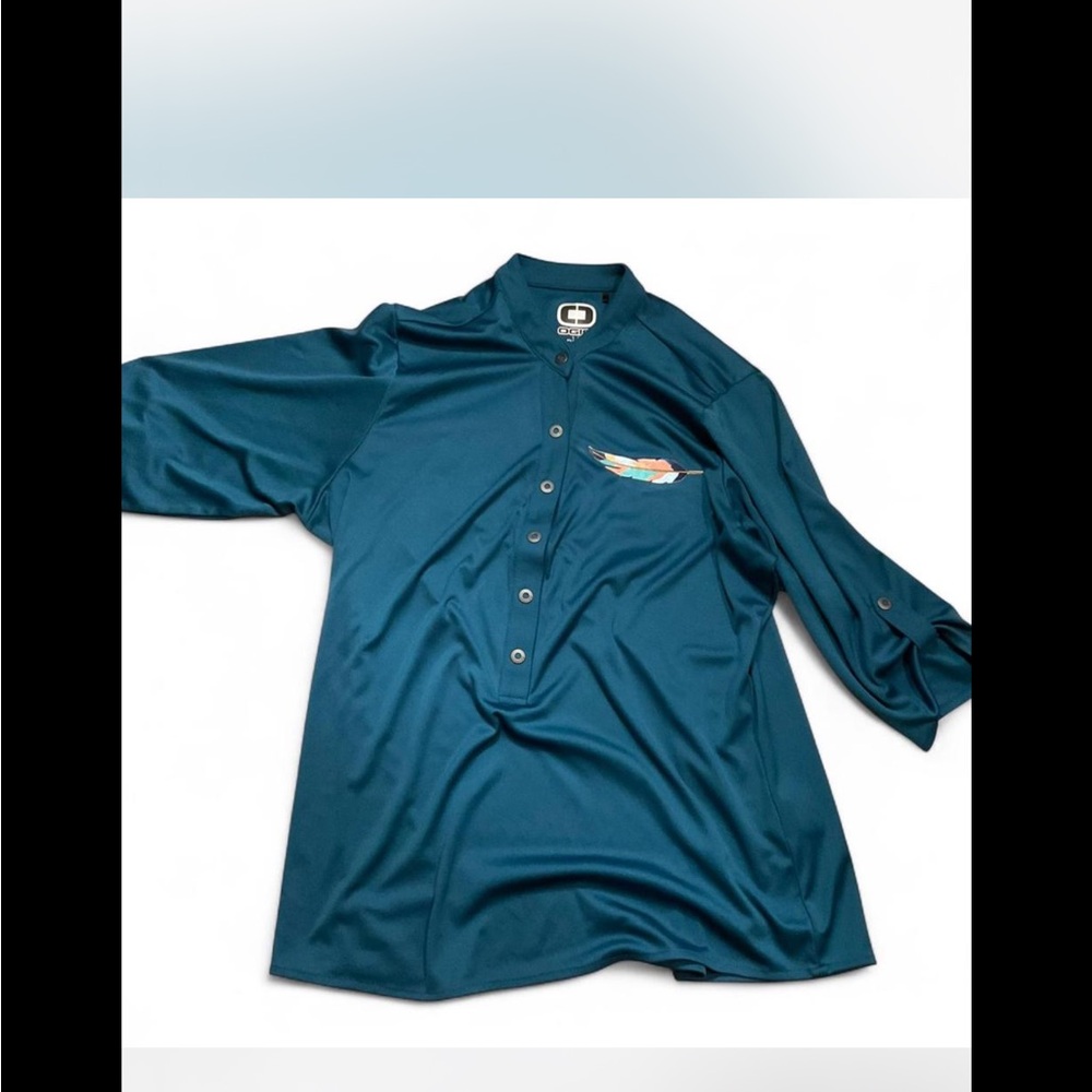 Ogio‎ Teal Button-Up Shirt adjustable sleeve embroidered feather golf shirt